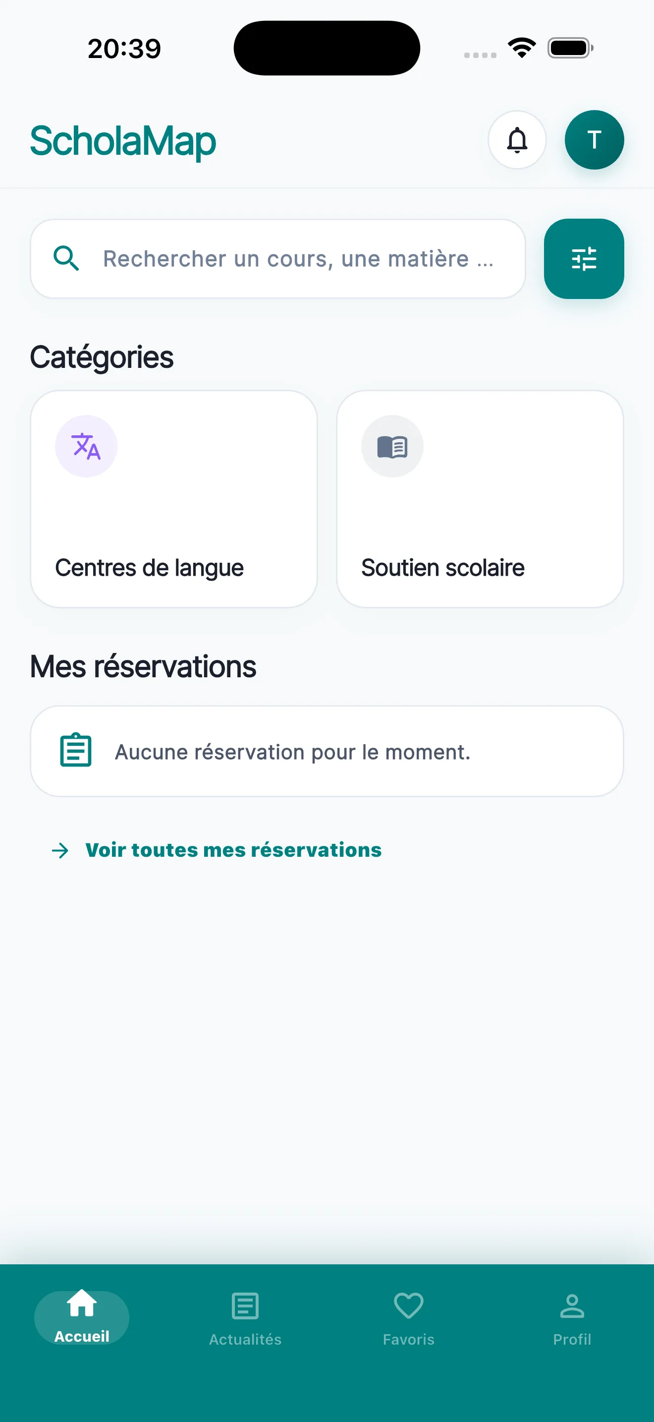 Accueil de ScholaMap Mobile avec recherche, catégories et réservations