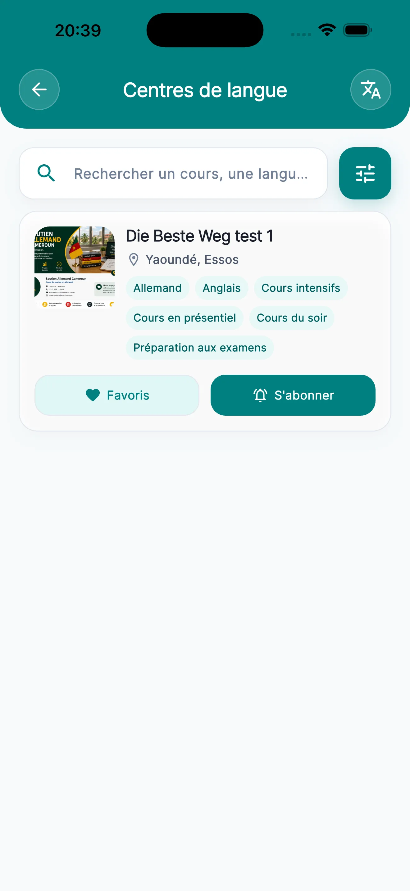 Liste des centres de langue avec recherche, favoris et abonnement dans ScholaMap Mobile