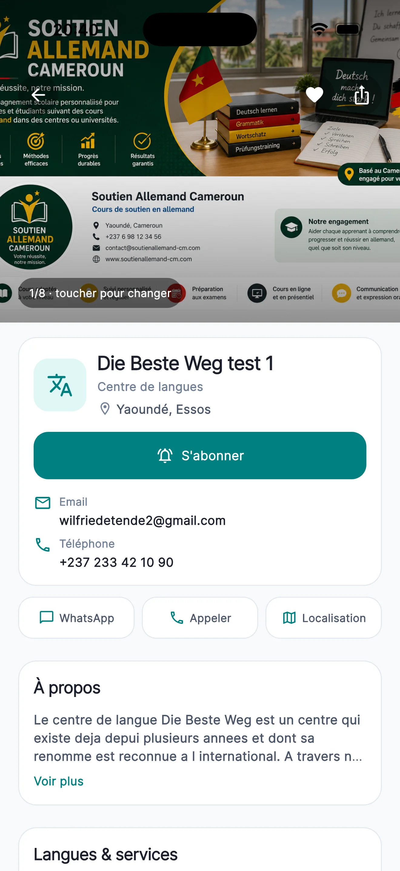Profil détaillé d’un centre de langue dans ScholaMap Mobile