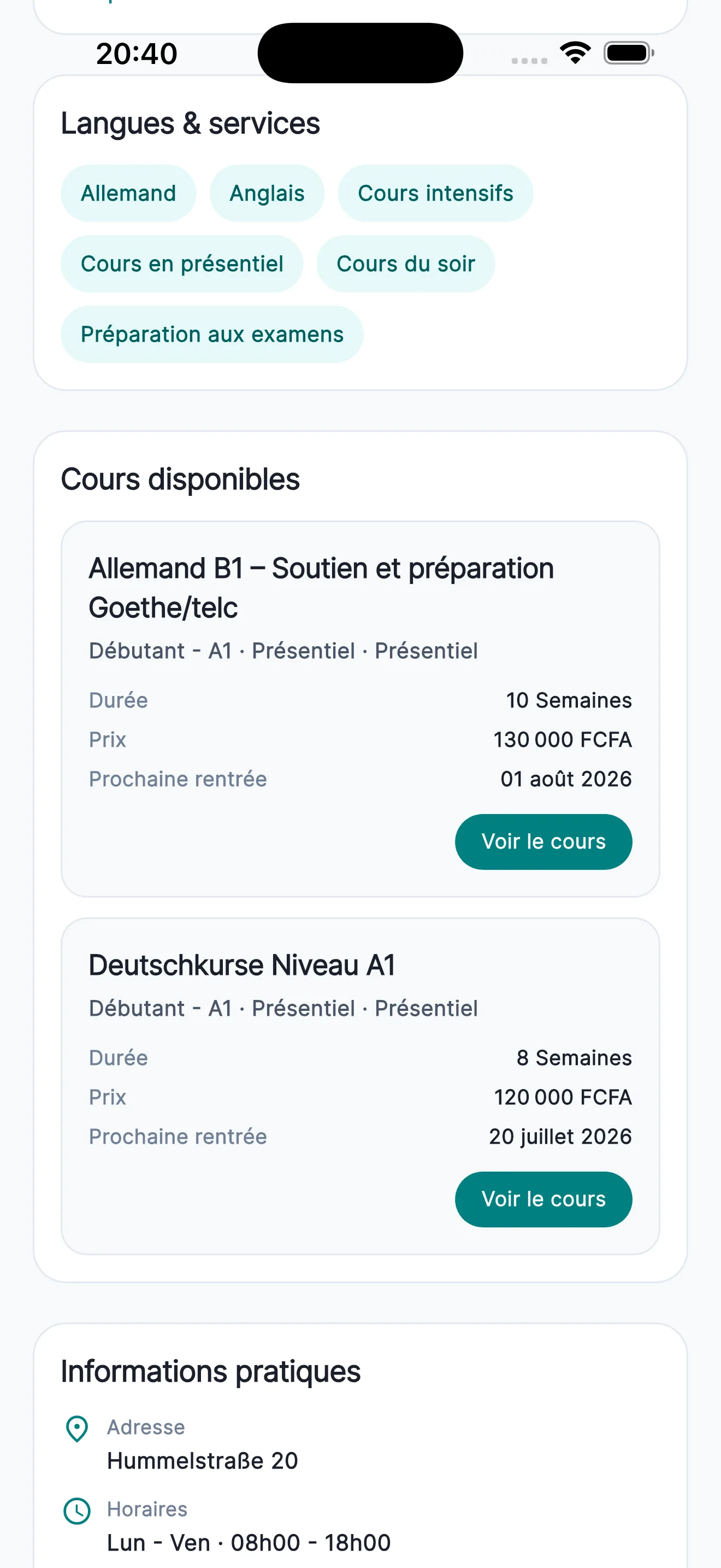 Cours disponibles, prix et informations pratiques d’un établissement dans ScholaMap Mobile