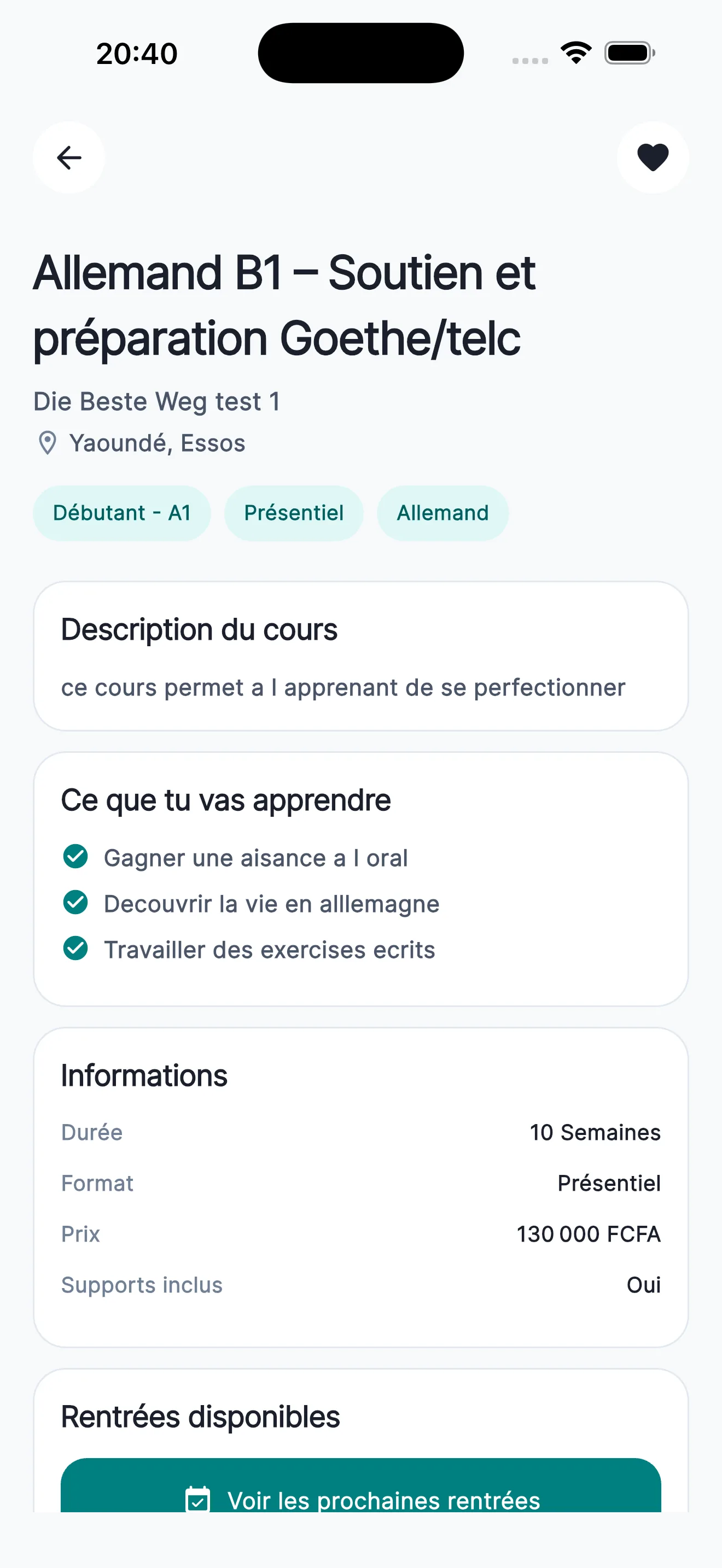 Détail d’un cours avec objectifs, durée, format et prix dans ScholaMap Mobile