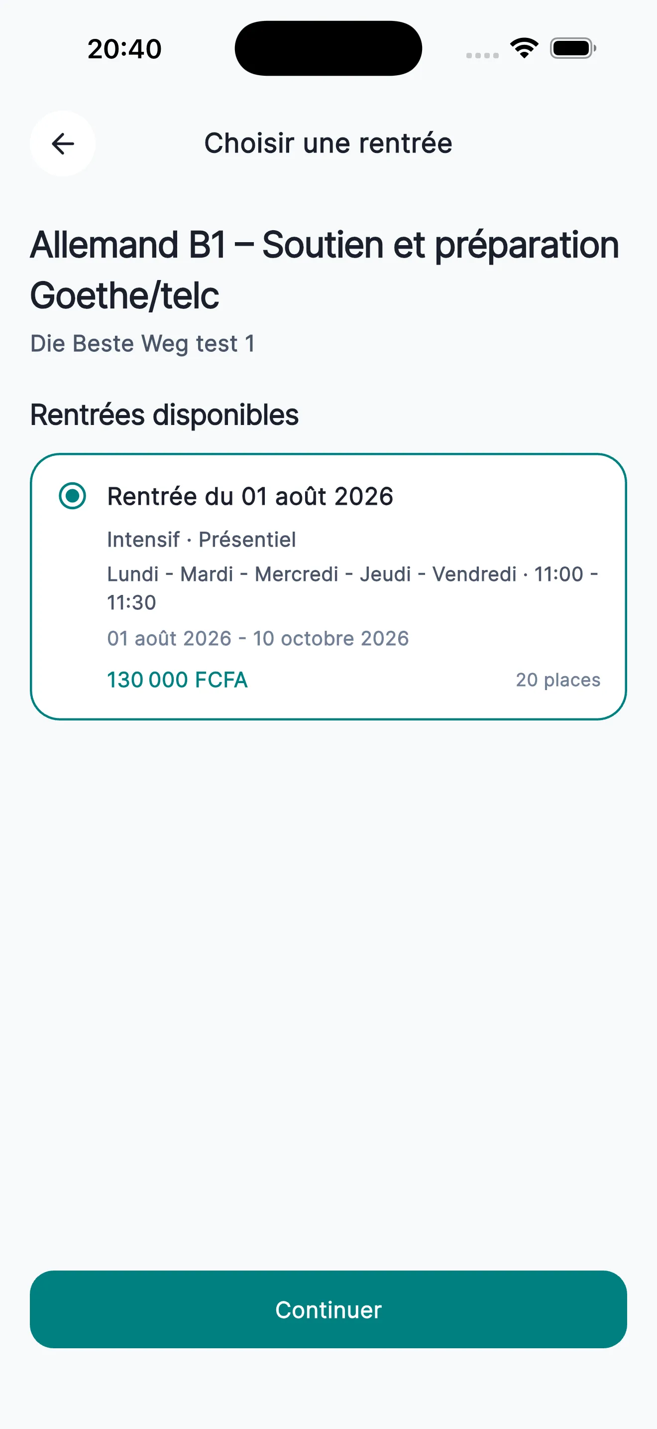 Sélection d’une rentrée avec dates, horaires, prix et places dans ScholaMap Mobile
