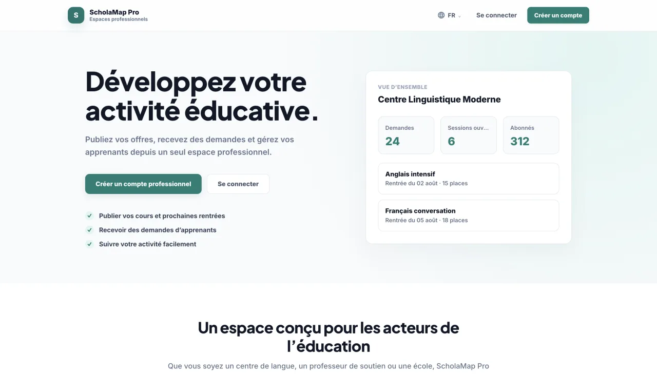Page d’accueil de ScholaMap Pro avec aperçu d’activité