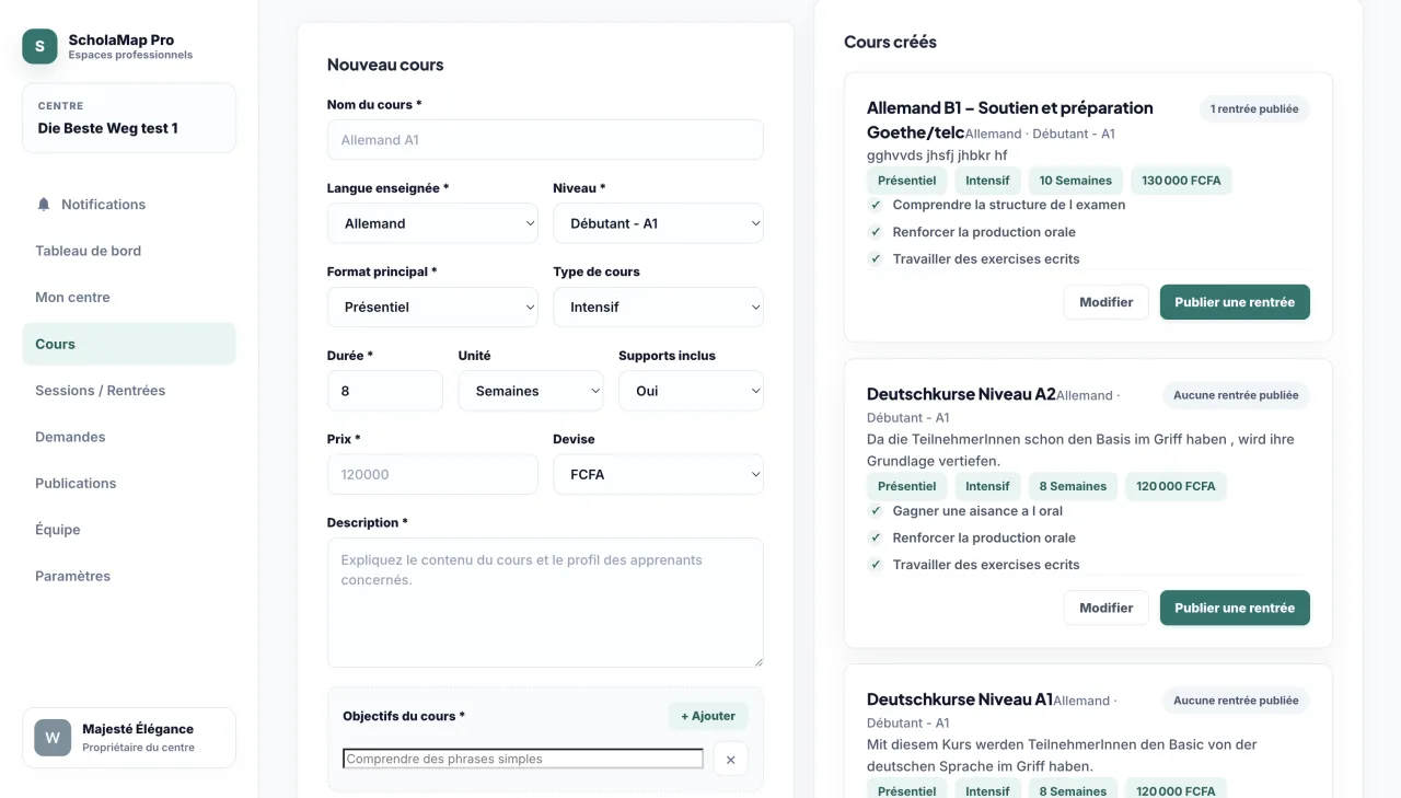 Création et liste de cours dans ScholaMap Pro