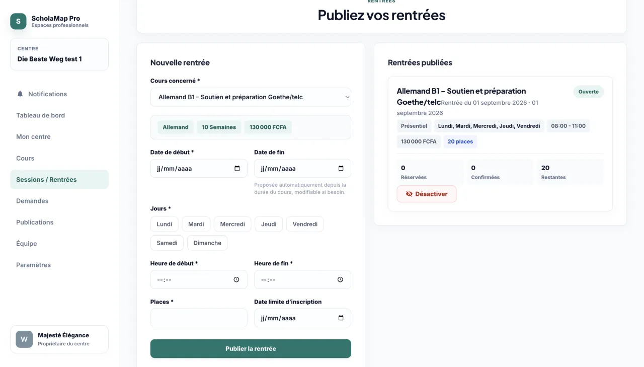 Gestion des sessions et rentrées dans ScholaMap Pro